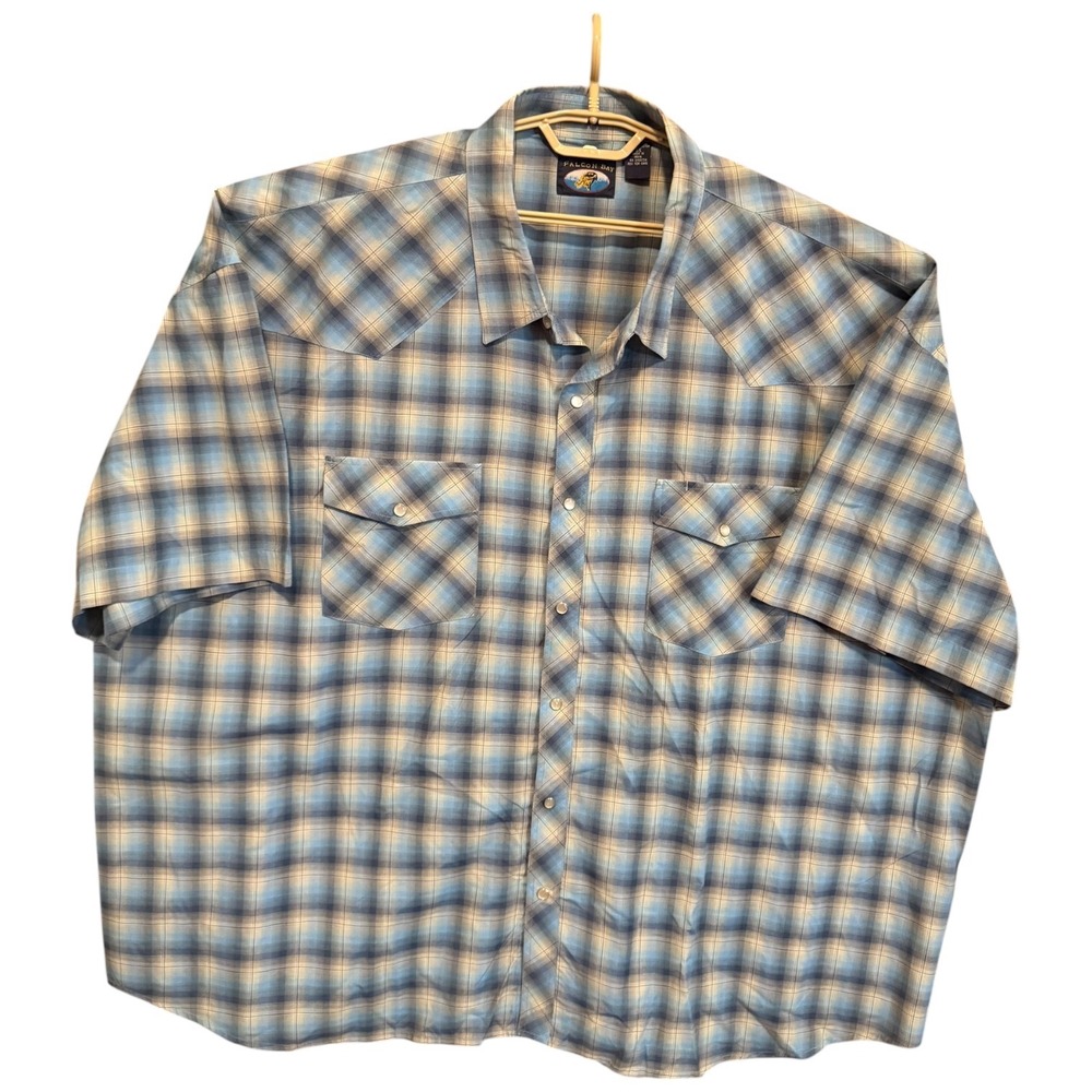 Falcon Bay Mens 5X Western Pearl Snap Shirt Blue Plaid Short Sleeve Big & Tall